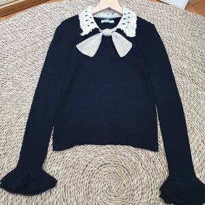 Navy Knit Sweater Lace Collar Polka Dot Bow Ruffle Cuff Cute Top